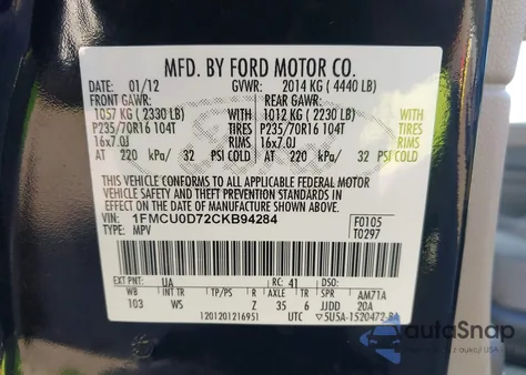 2012 Ford Escape Xlt from USA, damaged, VIN 1FMCU0D72CKB94284